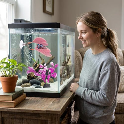 4 PCS Pink Fish Tank Decor, Fish Hammock Resting Leaf, Artificial Underwater Plants Decorations, Set of Two Pink Aquarium Decor with Two Betta Fish Leaves