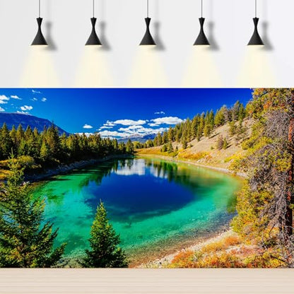 Majestic Lake Aquarium Background Aquamarine Blue-Green Shades Five Lakes Fish Tank Background Scenic Serene Pine Trees Terrarium Backgrounds Tranquil Valley Lakes Reptile Tank Backgrounds 24x16in - color: Blue_Green, size: 24(W)x16(H)in