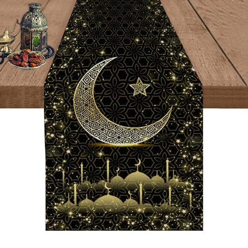 이드 무바라크 라마단 테이블 러너 33 x 182.9cm(13 x 72인치), 문 앤 스타 모스크 블랙 앤 골드 리넨 테이블 러너, 식탁, 옷장 및 홈 데코용 라마단 무바라크 테이블 러너 - color: 골드 블랙 이드 무바라크 라마단 테이블 러너