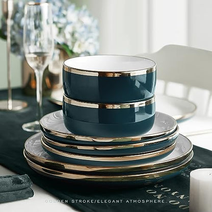 Pokini Porcelain Dinnerware Sets, 12 Piece Luxury China Plates and Bowls Sets, Green Dishes Set Gold Rim for Wedding Anniversary Birthday, Modern Dinner Plates Set - color: Green