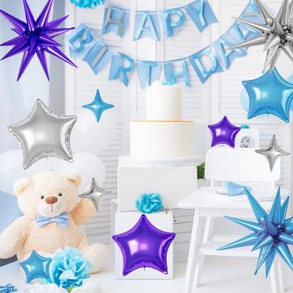 Blue Purple Silver Star Balloons,16Pcs 22/18/10 Inch Foil Galaxy Decor - color: Blue Purple Silver