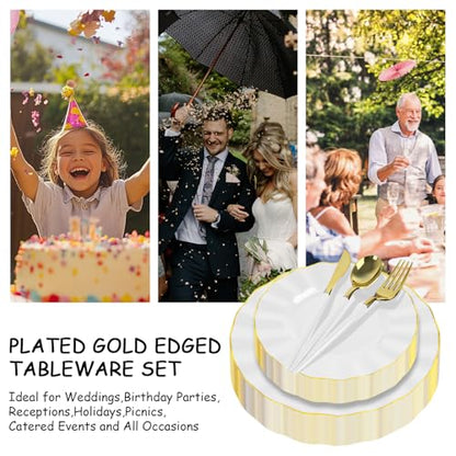 150Pcs Plastic Plates with Gold Rim,Heavy Duty White Plates for 30 Guests,Plastic Dinnerware Set Include 30 Dinner Plate,30 Dessert Plate,90 Gold Cutlery Set for Party (White) - color: White