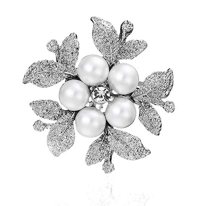 Crystal Pearl Flower Brooches Pins Fashion Beautiful Created Rhinestone Floral Brooch Good Idea for Party Dance Wedding Banquet for Elegant Women Girl - color: Silver Pearl Flower