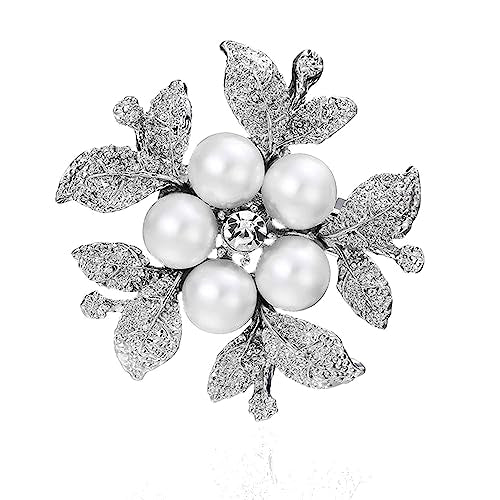 Crystal Pearl Flower Brooches Pins Fashion Beautiful Created Rhinestone Floral Brooch Good Idea for Party Dance Wedding Banquet for Elegant Women Girl - color: Silver Pearl Flower