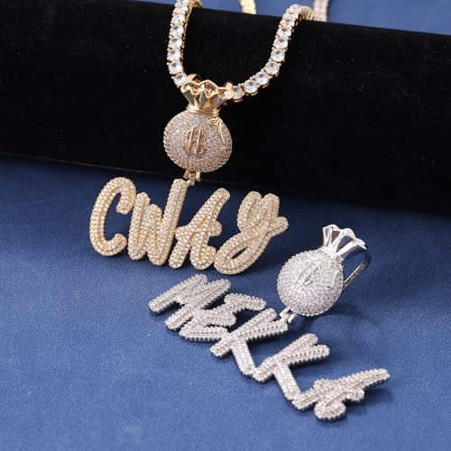 Lulu Mel Iced Out Personalized Cursive Name Necklace For Trendy Women, Custom Handmade Nameplate Pendant With Cuban Link Chain, White Gold Plated Hip Hop CZ Diamond Jewelry Gifts - color: Gold/Money Bag Bail