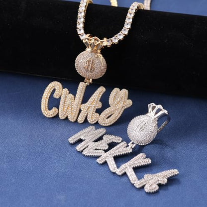Lulu Mel Iced Out Personalized Cursive Name Necklace For Trendy Women, Custom Handmade Nameplate Pendant With Cuban Link Chain, White Gold Plated Hip Hop CZ Diamond Jewelry Gifts - color: Gold/Money Bag Bail