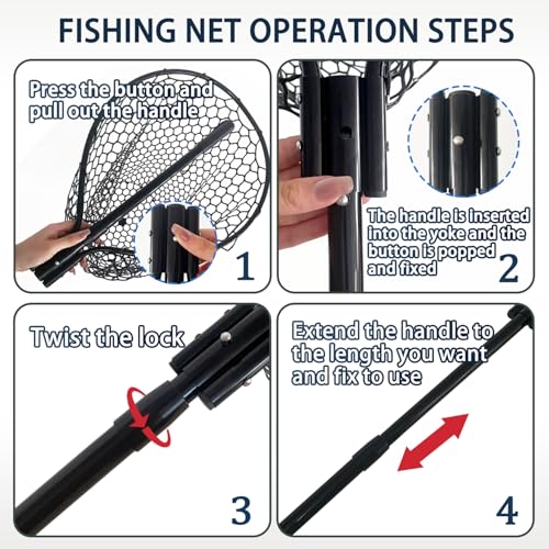 All Metal Telescoping Rubber Fishing Net with Handle Length: 59" Depth:19.7" Hoop: 26"x18" Large Silicone Fish Landing Net Pier/Kayak/Fishpond/Saltwater/Salmon Extendable Fishing Gear - color: Black