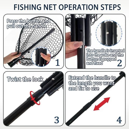 All Metal Telescoping Rubber Fishing Net with Handle Length: 59" Depth:19.7" Hoop: 26"x18" Large Silicone Fish Landing Net Pier/Kayak/Fishpond/Saltwater/Salmon Extendable Fishing Gear - color: Black