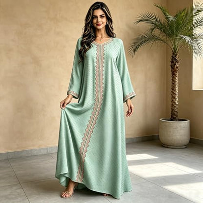 Women Muslim Abaya Dress V Neck Embroidered Kaftan Long Sleeve Loose Islamic Maxi Prayer Robe for Ramadan Eid - color: Green, size: Large