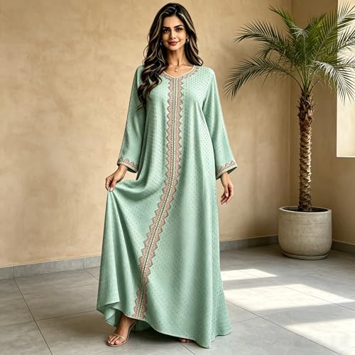 Women Muslim Abaya Dress V Neck Embroidered Kaftan Long Sleeve Loose Islamic Maxi Prayer Robe for Ramadan Eid - color: Green, size: XX-Large