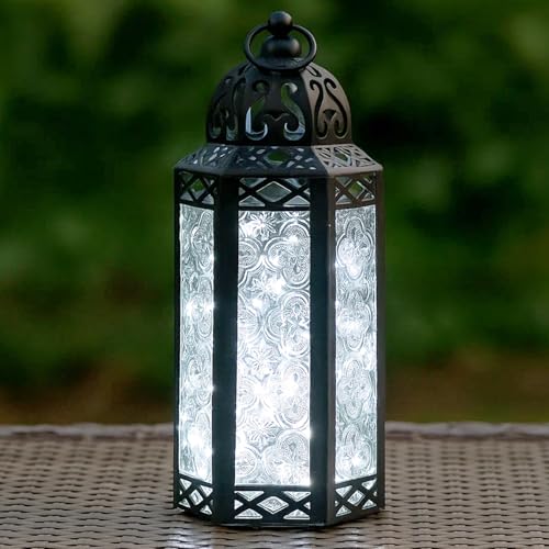 Vela Lanterns Decorative Indoor Fairy Light Candle Holder, Clear, M | Wedding Table Centerpieces, Fantasy Moroccan Decor, Ramadan & Eid, Metal Hanging Flameless LED Lamp, Porch Patio, 10.5" Tall - color: Black/Clear, size: Medium