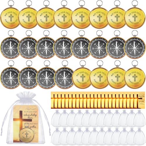 Relaxweex 24 Set Mini Christian Compass Christian Gift for Men Compass with Cards and White Drawstring Organza Bag Bible Scripture Cards Religious Gifts for Men Graduation Gift Wedding - style: Retro