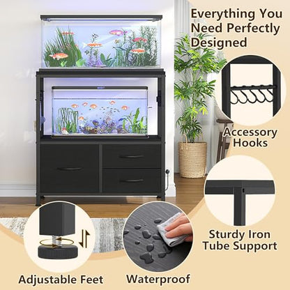 Heybly 20-29 Gallon Fish Tank Stand, Aquarium Stand with Drawer, Power Outlet, Heavy Duty Metal Frame, for Fish Tank, Turtle & Reptile Terrarium, 31.5" x 15.7" Top, 330lbs, Black HAS001BK - color: Black, size: 20-29 gal
