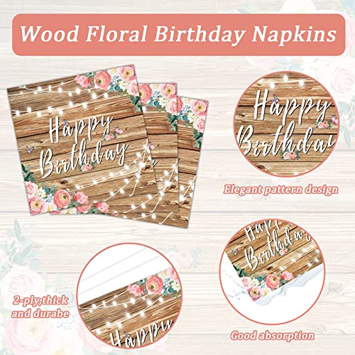 96PCS Spring Floral Birthday Party Plates Wood Grain Pink Flower Rustic Tableware Set for Girls Kids Bridal Shower Party Supplies Wooden Birthday Paper Plates Napkins Decorations for 24 Guests - style: Pink Floral