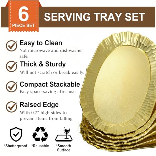 AVLA 6 Pack Plastic Serving Tray, Gold Serving Platter Set, Reusable Party Snack Serving Tray, Decorative Food Appetizer Platters for Dessert Table, Cupcake, Charcuterie, Cookies, 14" x 8.5"