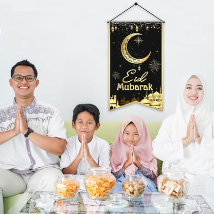 Ramadan EID Mubarak Hanging Door Sign EID Decorative Hanging Sign Party Decorations Black Gold Moon Lantern Banner for Ramadan Kareem Eid Al-Adha Sign Home Decor Happy EID Ramadan Party Supplies Favor - style: Eid Mubarak