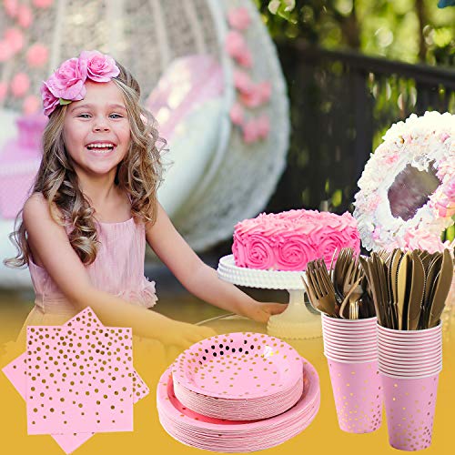 Pink and Gold Party Supplies 145PCS Golden Dot Paper Party Dinnerware Includes Paper Plates, Napkins, Knives, Forks, Cups, Banner, for Bachelorette, Girl Birthday, Baby Shower, Serves 24 - color: Pink Gold (Serves 24)