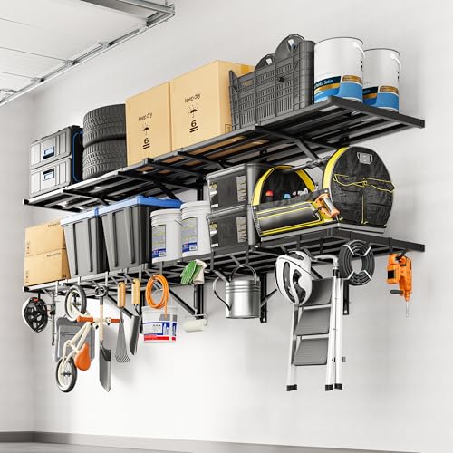 FLEXIMOUNTS 2x4ft Heavy Duty Garage Wall Shelving, 4-Pack Garage Shelving Wall Mounted with 8 Hooks, 400lbs Capacity, Storage for Power Tools, Garden Supplies, Storage Bins, Lite Series - size: 4pack 2x4ft w/ 16 hooks-800lbs
