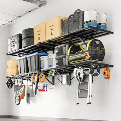 FLEXIMOUNTS 2x4ft Heavy Duty Garage Wall Shelving, 4-Pack Garage Shelving Wall Mounted with 8 Hooks, 400lbs Capacity, Storage for Power Tools, Garden Supplies, Storage Bins, Lite Series - size: 4pack 2x4ft w/ 16 hooks-800lbs
