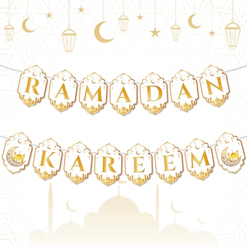 WATINC 2pcs Ramadan Kareem Banner Eid Mubarak Decoration, Ramadan Mubarak Hanging Banners Decor, No DIY Needed Eid Al-Fitr Party Supplies Hang Bunting for Home Tree Fireplace Wall 10 Feet (White Gold) - color: White Gold