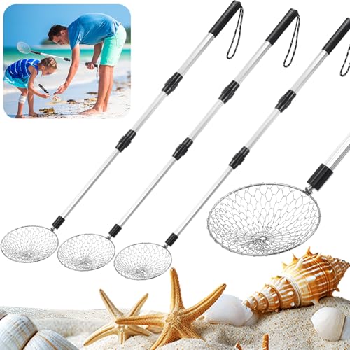Vinsot 4 Pcs Shark Tooth Sifter Beach Sand Sifter Set 41.4" Adjustable Beach Sand Scoop Shell Scooper with Long Handle for Picking up Shells Beachcombing Rock Hunting