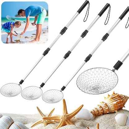 Vinsot 4 Pcs Shark Tooth Sifter Beach Sand Sifter Set 41.4" Adjustable Beach Sand Scoop Shell Scooper with Long Handle for Picking up Shells Beachcombing Rock Hunting