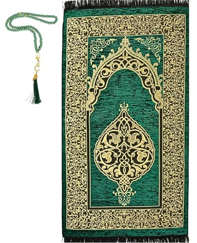 Prien Prayer Rug with Tasbih | Muslim Carpet | Praying Mat with Prayer Beads | Islamic Gifts for Women Men | Islam Portable Pray Set for Travel Kids Ramadan Namaz Hajj Umrah (Green) - color: Green