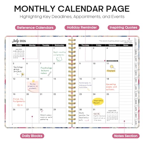 Planner 2026–2027, Academic Monthly Weekly Spiral Calendar, July 2026 – June 2027, Hardcover Agenda Notebook with Tabs, 6.3" x 8.5", Perfect for Students, Teachers, School & Daily Planning - Soft Blossoms - color: H-Soft Blossoms, size: (6.3"x8.5")a5