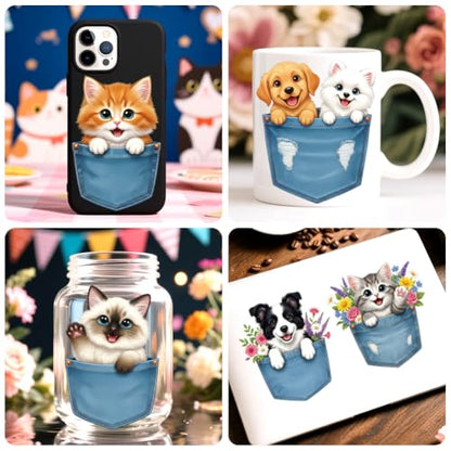 Peacoblue Pocket Cats, Dogs Rub On Transfers for Craft, Transfer Sticker | 18 Sheets UV DTF Transfers, Waterproof Rub On Decals for Wood, Glass, Furniture, Tumblers & Home Decor Crafts - style: Pocket Cats and Dogs