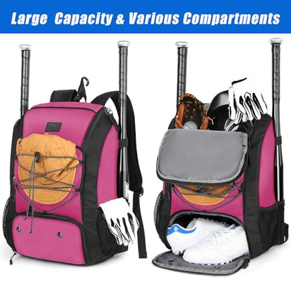 MATEIN Baseball Backpack, Softball Bat Bag with Shoes Compartment for Youth, Boys and Adult, Lightweight Baseball Bag with Fence Hook Hold TBall Bat, Batting Mitten, Helmet, Caps, Teeball Gear - color: Pink Black, size: 47L