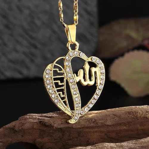 Exquisite Shining Zircon Love Heart Islamic Muslim Quran Allah Pendant Necklace for Women Fashion Hip Hop Ramadhan Jewelry