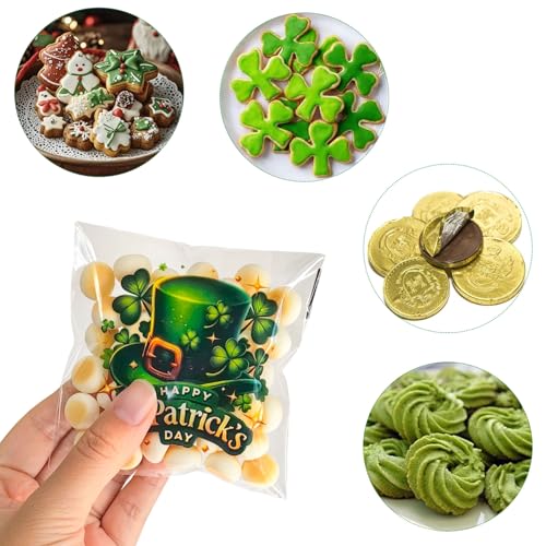 ZYLOP Self-Sealing St. Patricks Cookie Bags – 100PCS 4x4 Inch Green Shamrock Cellophane Treat Candy Goodie Bags, Clear Self-Adhesive Gift Bags for Irish Party, Classroom, Bakery, Holiday Favors - color: St. Patricks 100pcs