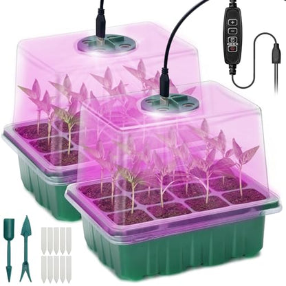 Seed Starter Tray, 2 Pcs Plant Propagation Station with Grow Light,Seedling Starter Trays with Timing Controller,Mini Greenhouse Kit with Humidity Domes and Base,Plant Tray for Seeds Growing Starting - size: 2 Packs