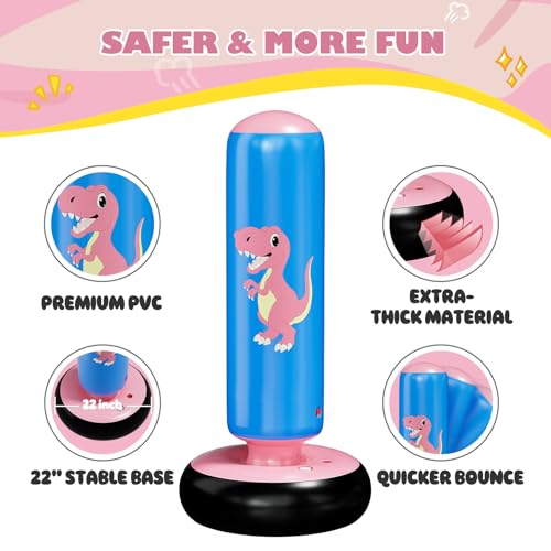 QPAU Inflatable Punching Bag, 48 Inch Stable Inflatable Boxing Bag for 3-6 Kids,Dinosaur Toy & Gifts for Boys and Girls, Kids Boxing Set for Practicing Karate, Taekwondo - color: Dinosaur Pink