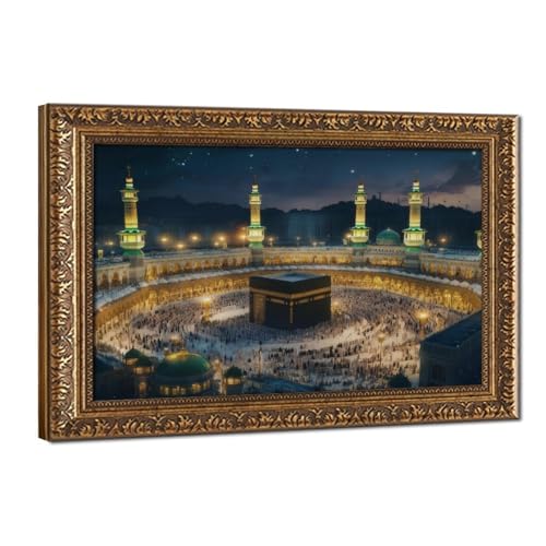 Modern Islamic Wall Art - Masjid al-Haram Kaaba Canvas with Luxury Gold Frame, Spiritual Night View Mecca Picture, Ready to Hang Muslim Home Decor, Eid Ramadan Gifts (12x8 inch) - color: Retro Gold Frame, size: 12"L x 8"W