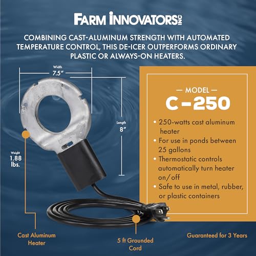 Farm Innovators Utility De-Icer for up to 25 Gallon Container - 250W Water Deicer- Ice Chaser Cast Aluminum Design for Plastic or Metal Water Container | Thermostatically controlled heater operates only when necessary, cast aluminum construction, plastic-