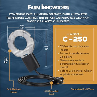 Farm Innovators Utility De-Icer for up to 25 Gallon Container - 250W Water Deicer- Ice Chaser Cast Aluminum Design for Plastic or Metal Water Container | Thermostatically controlled heater operates only when necessary, cast aluminum construction, plastic-