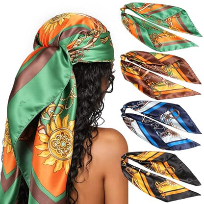DRESHOW 35” Large Square Satin Head Scarf - 4Pcs Silk Accessories Classic Patterned Squares Beach Bandanas for Women - color: 4 Pcs Printed: Navy Blue, Black, Coffee, Dark Green