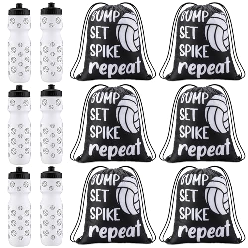 Talltalk 12 Pcs Volleyball Water Bottle and Drawstring Bag Set Volleyball Party Favor 24 oz Sports Squeeze Bottles with Drawstring Bags for Team Gifts Goodie Gift Bag Birthday Decorations