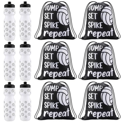 Talltalk 12 Pcs Volleyball Water Bottle and Drawstring Bag Set Volleyball Party Favor 24 oz Sports Squeeze Bottles with Drawstring Bags for Team Gifts Goodie Gift Bag Birthday Decorations
