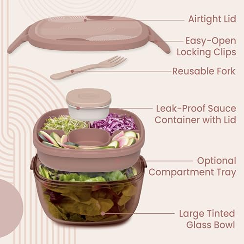 Bentgo Glass Prints Salad Container - 7.6-Cup Tinted Glass Salad Bowl with Airtight Lid, Leak-Proof Sauce Container, 4-Compartment Bento Meal Prep Tray & Reusable Fork (Mod Curve - Desert Rose) - color: Mod Curve - Desert Rose