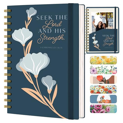Hardcover Blank Christian Notebook – Multiple Designs – 140 Quality Pages – Seek the Lord (1 Chronicles 16:11) - color: Blue