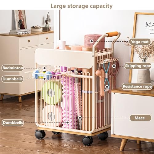 Yoga Mat Storage Cart - Multi-Compartment Home Gym Organizer with Wheels, Dumbbell & Sports Equipment Rack, Slim Fitness Gear Bin with Side Hooks