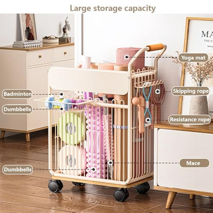 Yoga Mat Storage Cart - Multi-Compartment Home Gym Organizer with Wheels, Dumbbell & Sports Equipment Rack, Slim Fitness Gear Bin with Side Hooks