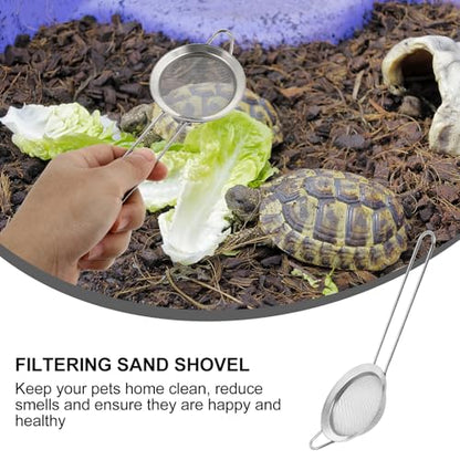 Reptile Sand Shovel and Manure Residue Scoop with Fine Mesh Stainless Steel 2pcs for Terrarium Cleaning and Reptile Box Maintenance
