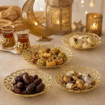 LOGOFUN 12pcs Ramadan Tray Eid Mubarak Snack Serving Plate Gold | Reusable; Elegant; For Festival Party Storage Candy, Dessert and Desktop Decoration