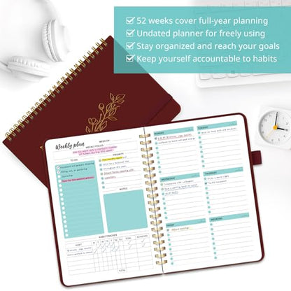 Taja Undated Weekly Planner, Weekly To Do List Notebook with Goal & Habit Tracker Organizer, A5 Weekly Planner Notebook with Spiral Binding, 6.1" x 8.2" - Burgundy - color: q.Burgundy