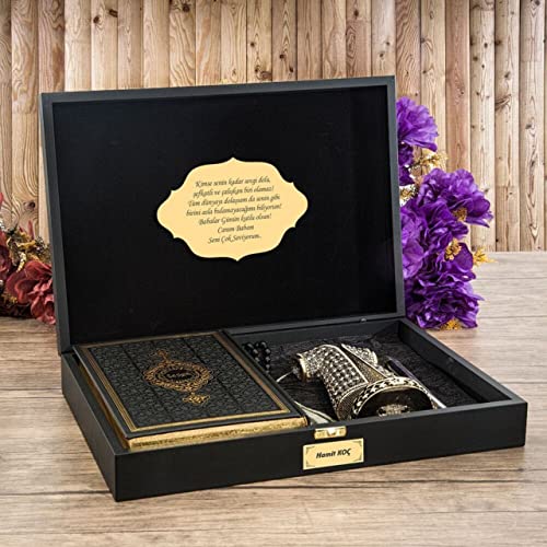Islamic Gift Set For Men | Quran, Figurine, Tasbih, Prayer Rug and Pen in Customizable Wooden Box | Muslim Birthday Wedding Graduation Gift | Eid Ramadan Gift, Black