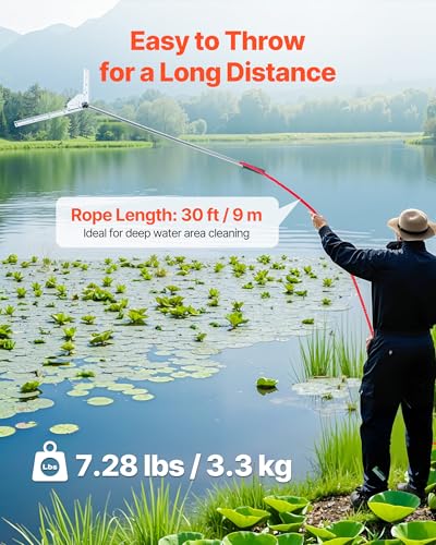 VEVOR Lake Weed Cutter, Pond Aquatic Plant Cutting Tool with 37 in Max. Cut Width, Sharp and Heavy-Duty Steel Blades, Pond Rake with 30 ft Throw Rope, for Cattail, Phragmites, Lilly Pads & Chara - size: 20-37in