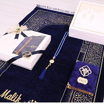 IEF Personalized Prayer Mat Quran Bead Set Eid Gifts, Muslim Wedding Gifts Birthday Gifts for Men, Father's Day Gifts, Prayer Rug Pearl Prayer Beads Arabic Quran (Navy Blue) - color: Navy Blue